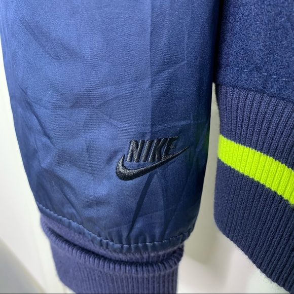 Vintage Nike Varsity Wool Bomber Jacket in Navy with Neon Stripe Women’s M Tall - Picture 5 of 11